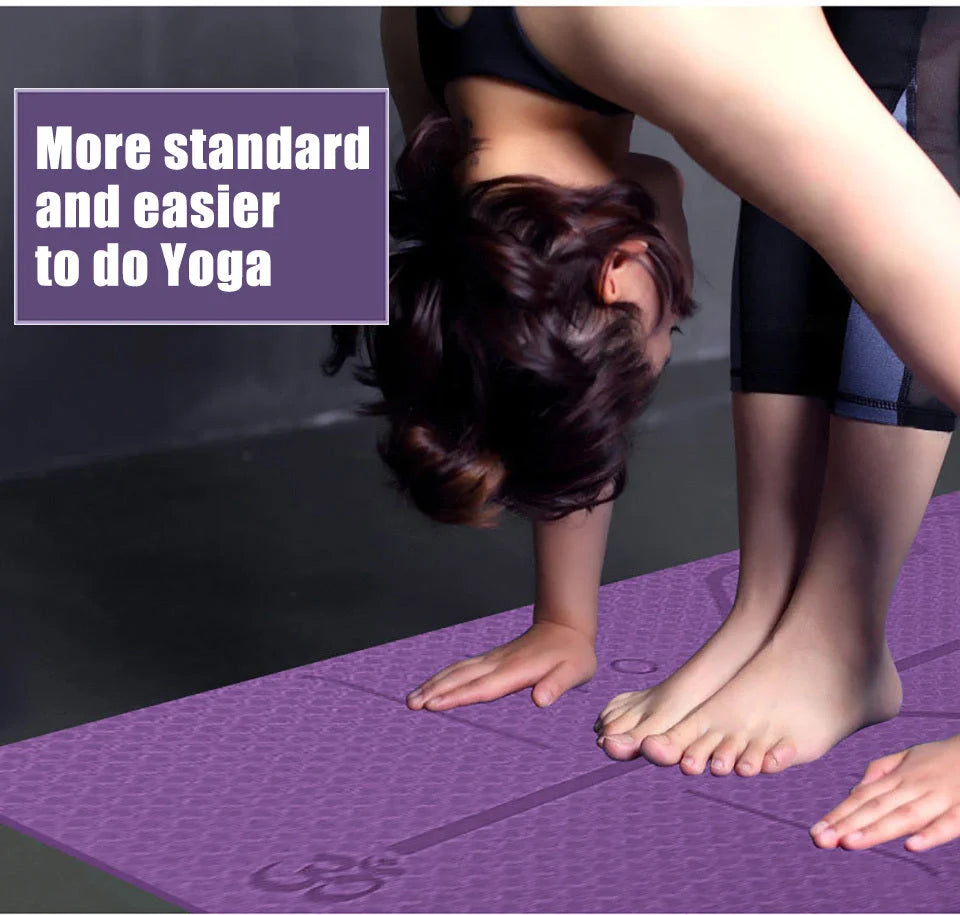 Premium non-slip yoga mat with printed alignment lines for improved form and stability during yoga practice