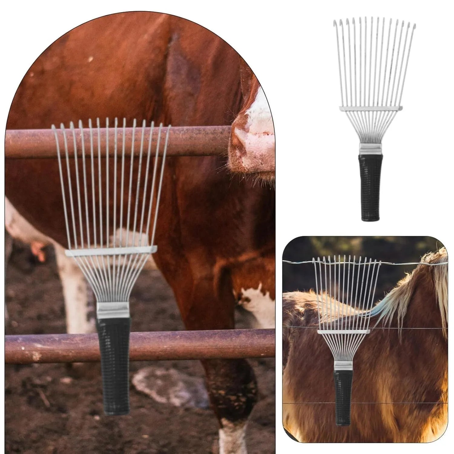 Black stainless steel pet grooming rake comb for dogs and horses on a white background.
