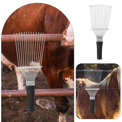 Black stainless steel pet grooming rake comb for dogs and horses on a white background.