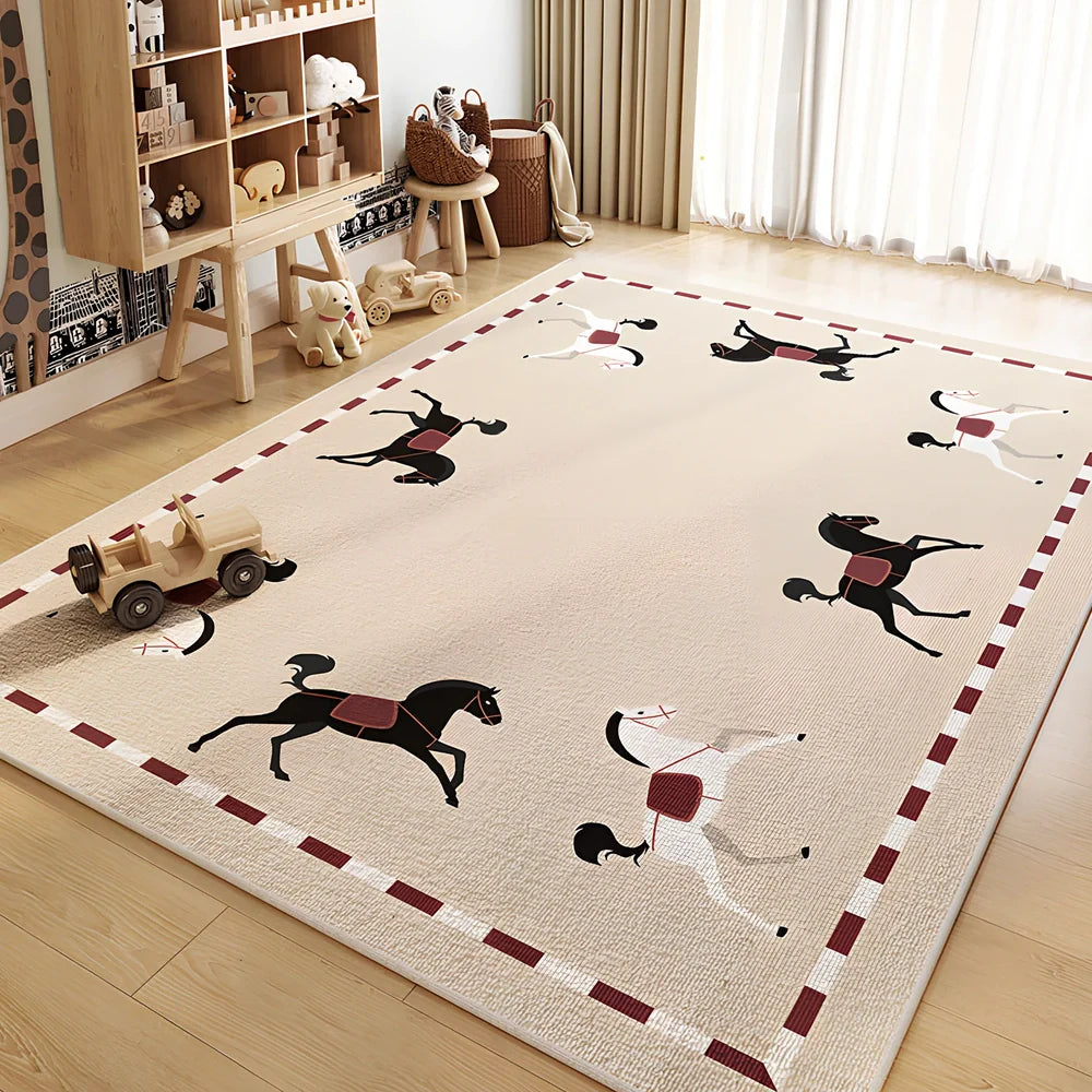 Cartoon animal print geometric pattern polyester carpet available in multiple sizes with hand wash cleaning