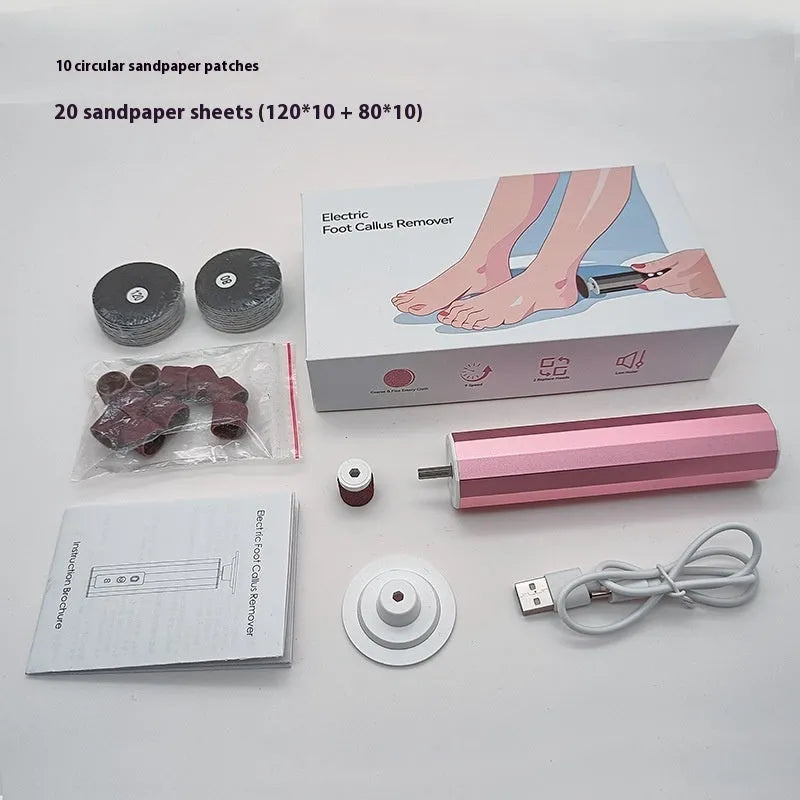 USB-powered electric callus remover and foot file device with grinding pads, in black, pink, or purple, presented in a gift box.