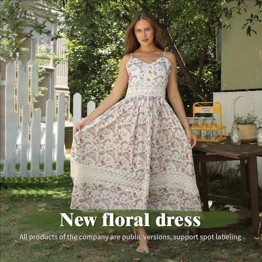 Women's sleeveless suspender floral dress with adjustable straps and vibrant pattern