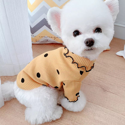Polka dot turtleneck dog shirt in cotton, available in yellow, pink, and green