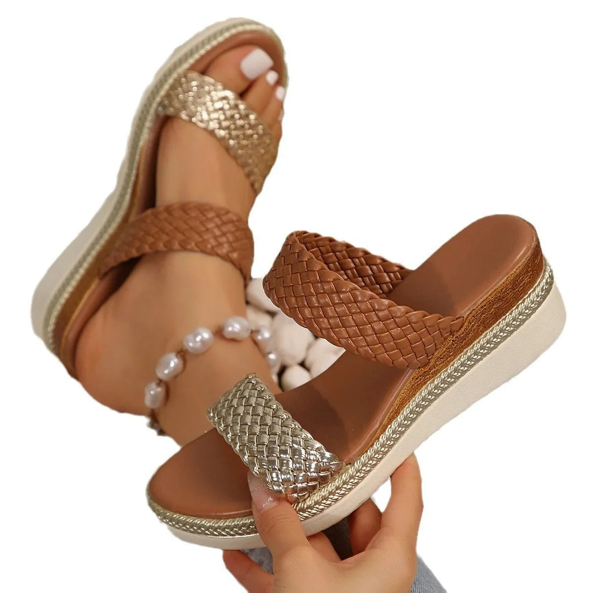 Women's gold and silver plus size wedge sandals with rubber soles on size chart
