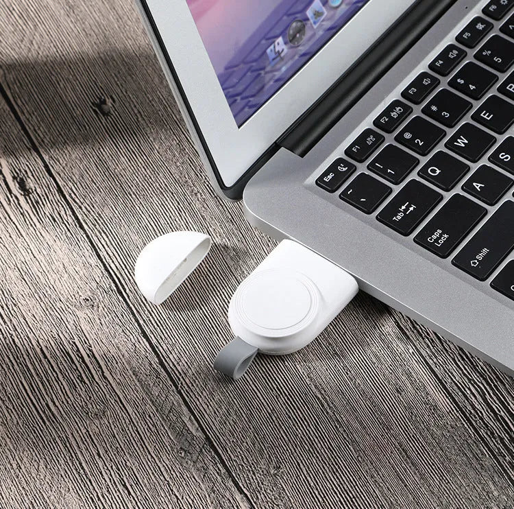 Portable Apple Watch wireless charging dock station with USB cable and built-in battery