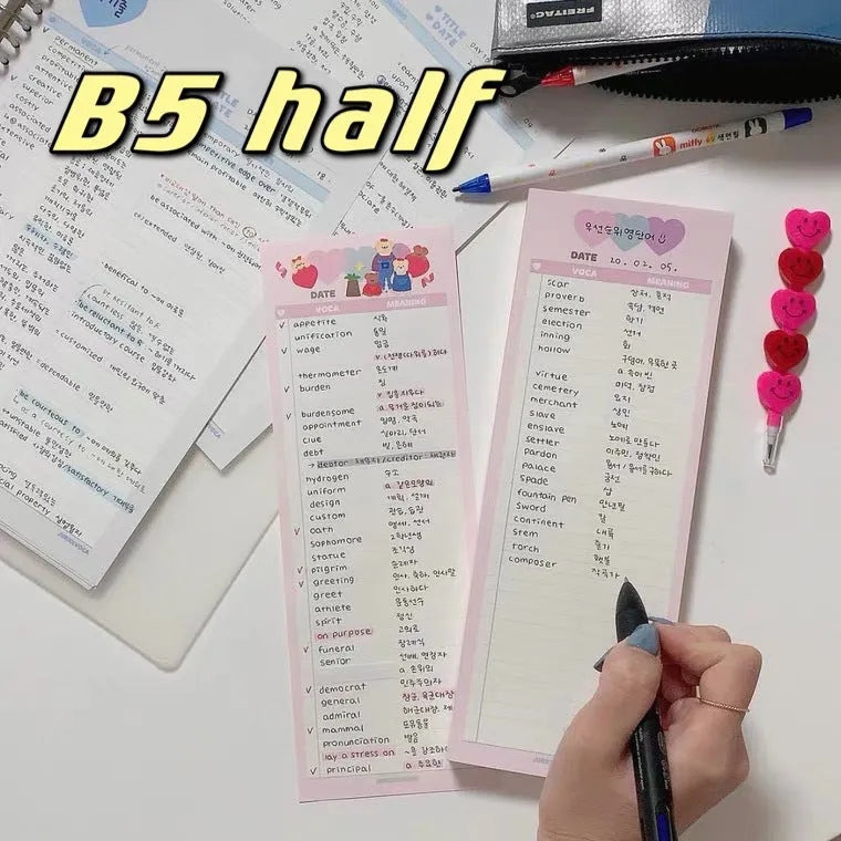 Vertical double-sided learning notepad showing 30 sheets in B5 half size (9.1x25.7cm) for English words practice