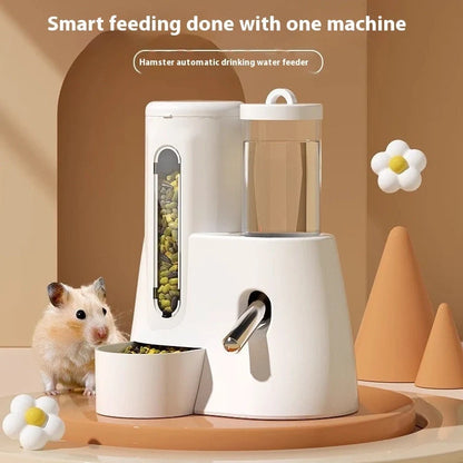 White hamster automatic water feeder with integrated food basin showing separate compartments