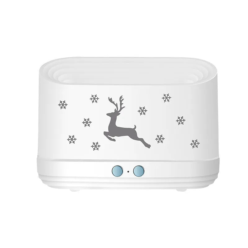 White Elk Flame humidifier diffuser with Christmas pattern and glowing adjustable flame effect.