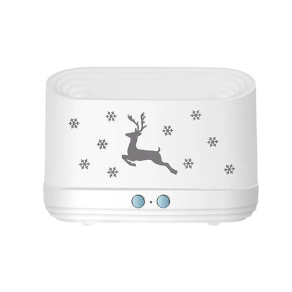 White Elk Flame humidifier diffuser with Christmas pattern and glowing adjustable flame effect.
