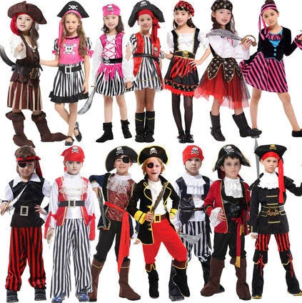 Halloween children's pirate costume with multiple character options and sizing guidance