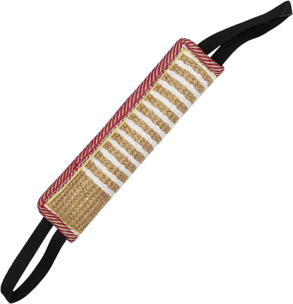 Beige jute dog tug toy with two handles for interactive training, measuring 30cm in length