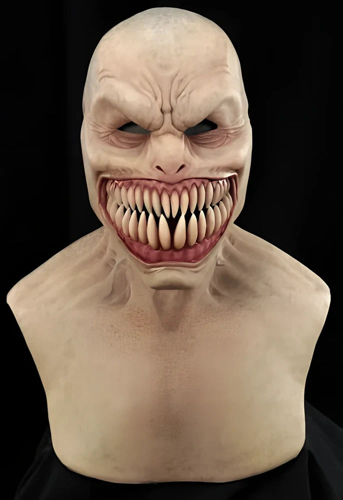 Latex old man Halloween mask with white hair and beard showing realistic facial wrinkles