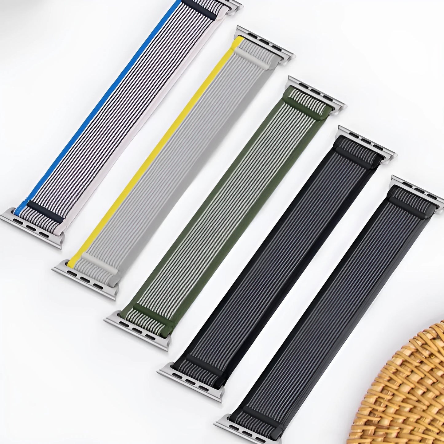 Nylon Apple Watch strap with single-ring closure in black and grey colour combination.