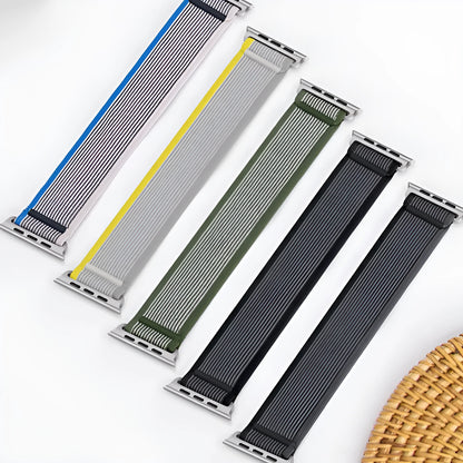 Nylon Apple Watch strap with single-ring closure in black and grey colour combination.