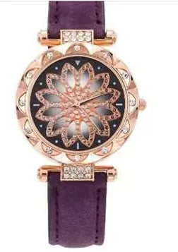 Diamond bezel women's fashion watch with round dial on wrist, showing colour options of red, purple, green, blue, black, pink, beige, grey, and brown.