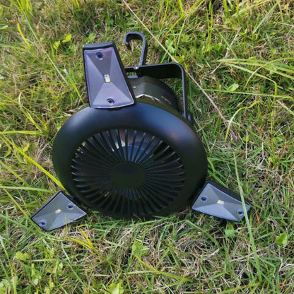 Rechargeable solar-powered camping fan with LED light, featuring a foldable design, hanging hook, and multiple airflow settings for outdoor use