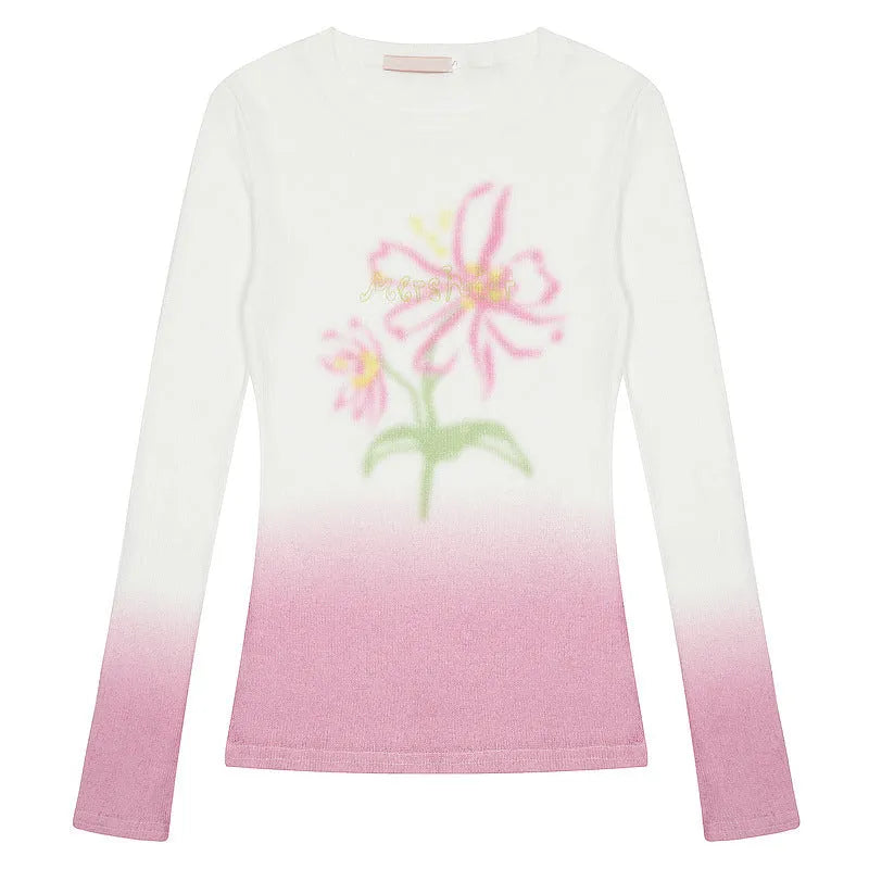 Women's light pink long sleeve t-shirt with a gradient floral print.
