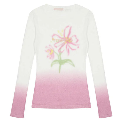 Women's light pink long sleeve t-shirt with a gradient floral print.