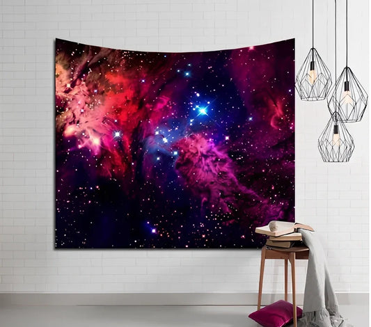 Deep Space Tapestry wall hanging showing celestial design in three size options with reinforced edges