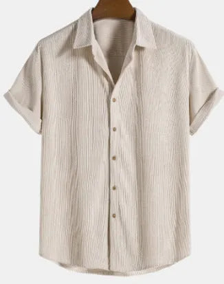 Men's casual short-sleeved cardigan shirt in polyester, shown in available colours.