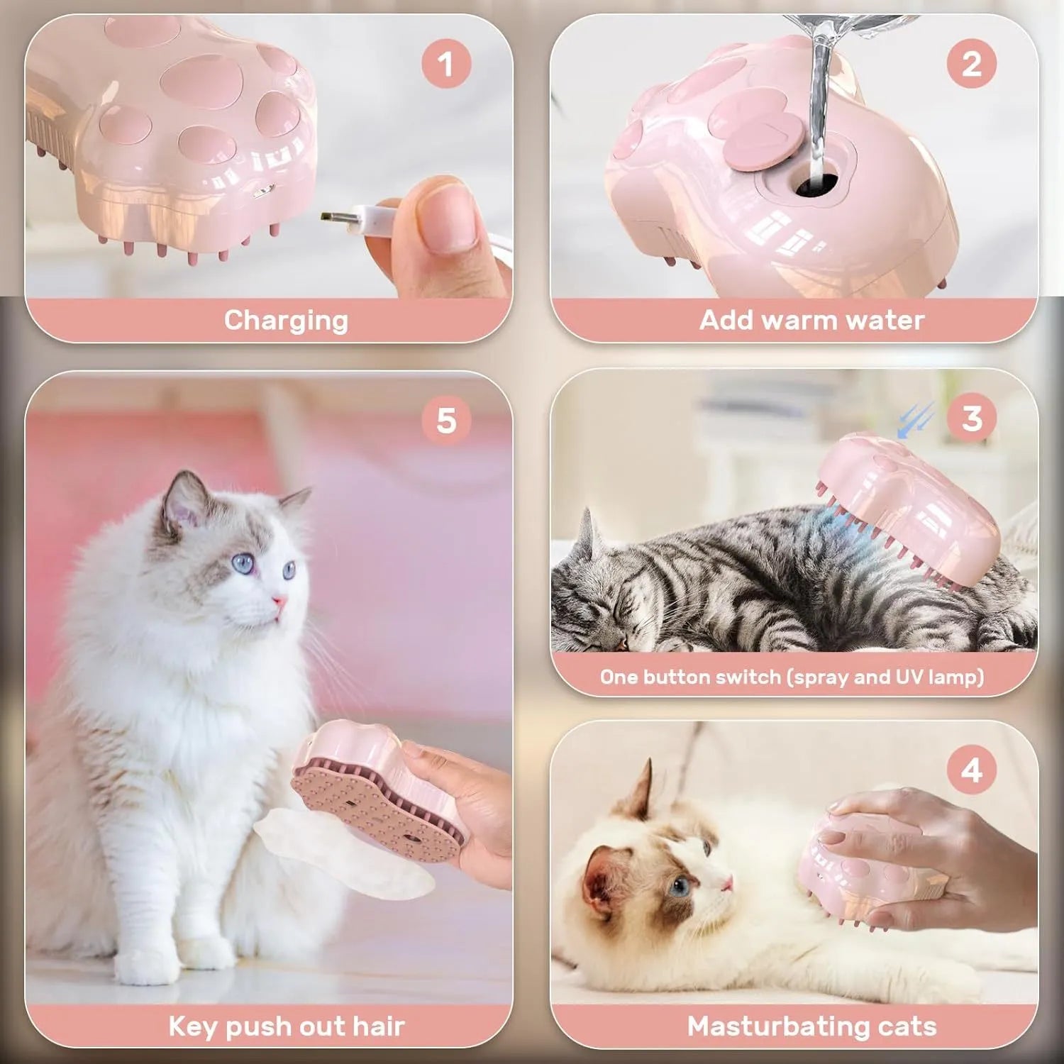 Self-cleaning cat steam brush with silicone bristles, blue light, and rechargeable spray for pet grooming
