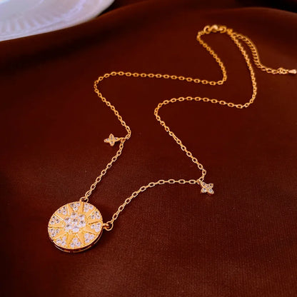 Gold round pendant clavicle necklace with inlaid zircon, geometric Chinese-style women's jewellery, 51-60cm chain