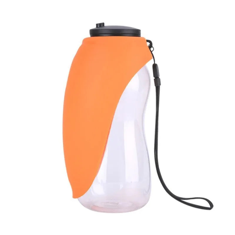 Portable pet water bottle with drinking bowl in blue, showing 680ml capacity and key lock mechanism