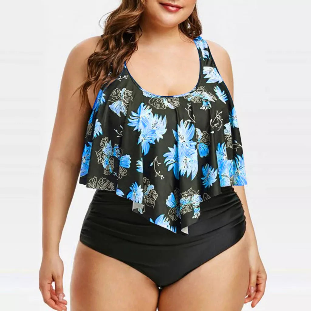 High waist lotus print swimsuit in vibrant colors, sizes XL to 5XL