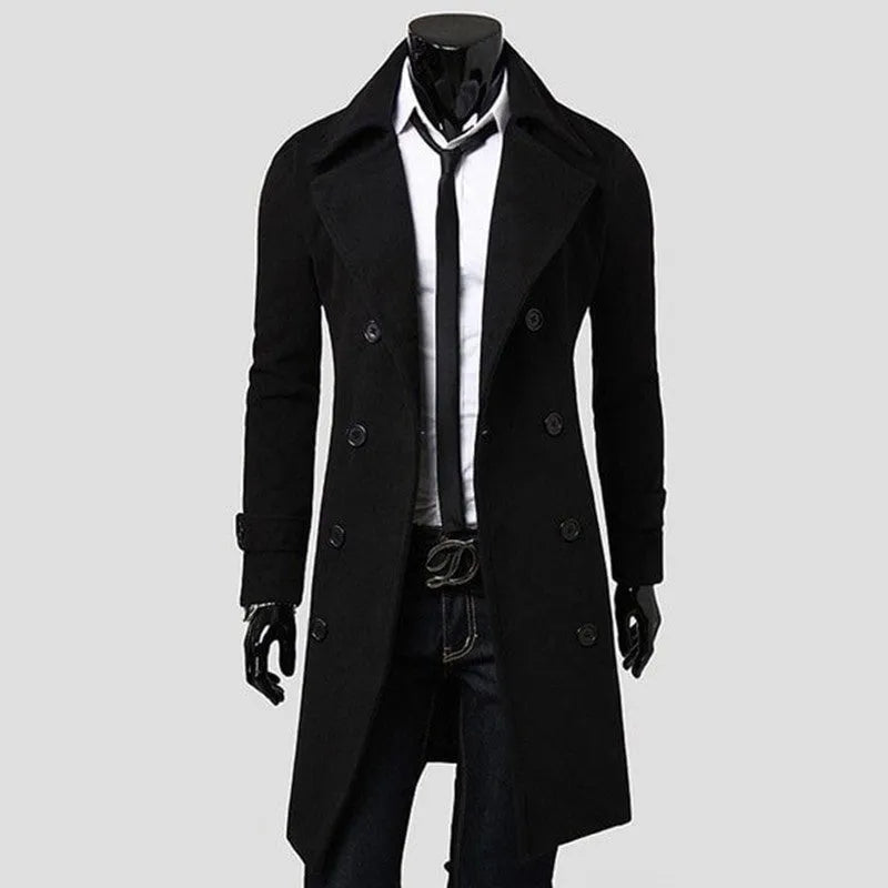 Men's double-breasted trench coat with lapel collar in black, camel or dark grey, lightweight 0.75kg, sizes M to XXXL.