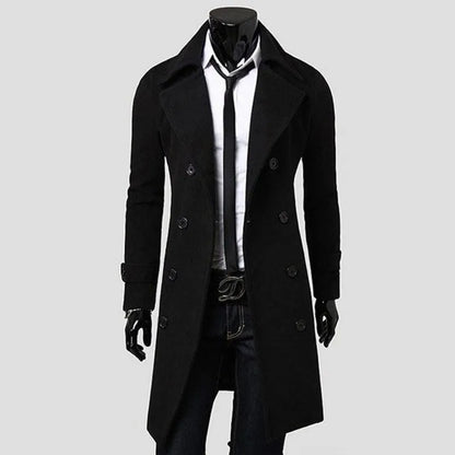 Men's double-breasted trench coat with lapel collar in black, camel or dark grey, lightweight 0.75kg, sizes M to XXXL.