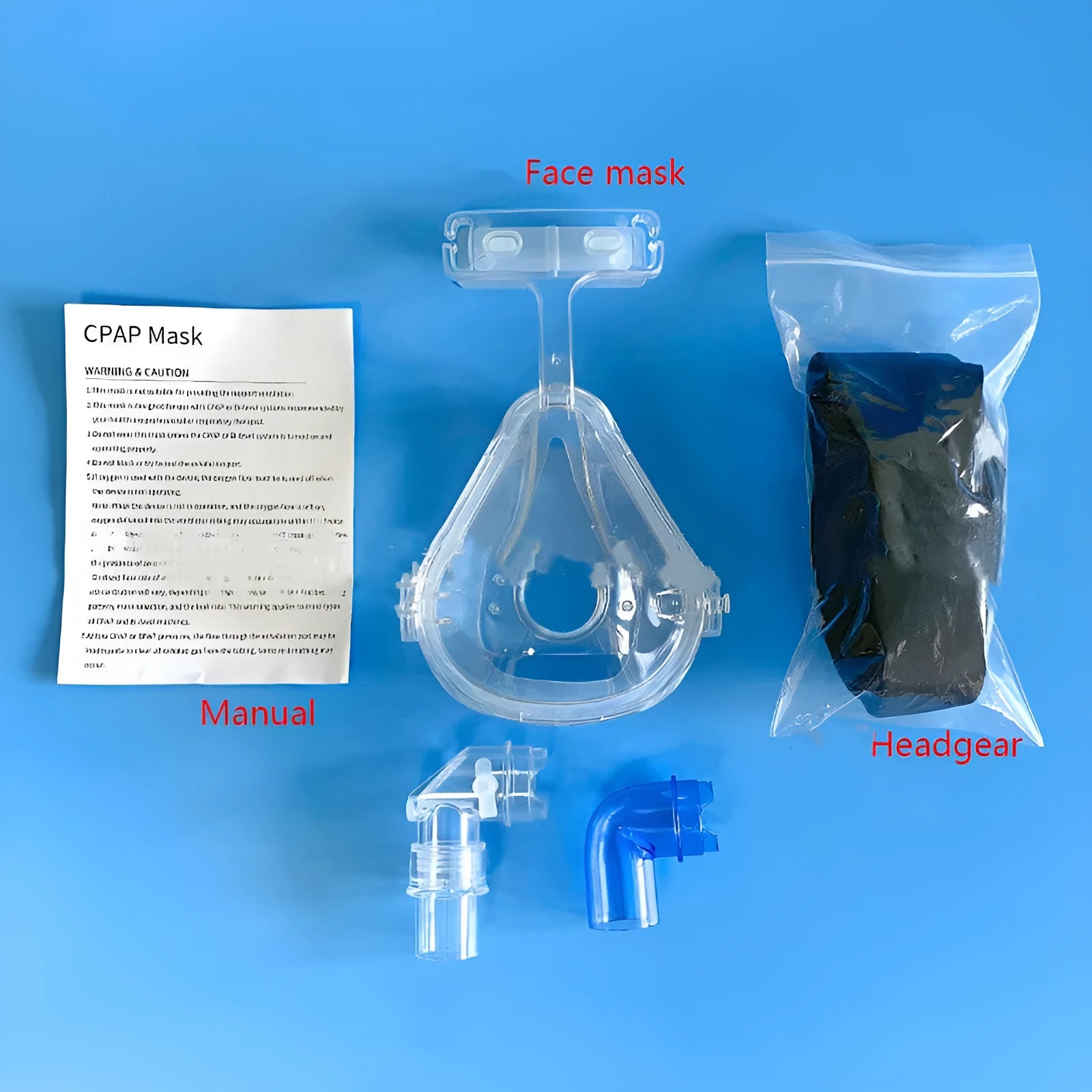 Transparent silicone CPAP breathing mask with headband and adapter elbows for ventilator connection