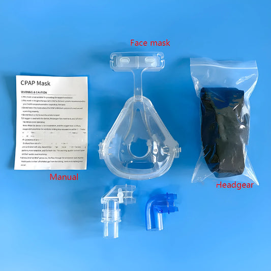 Transparent silicone CPAP breathing mask with headband and adapter elbows for ventilator connection