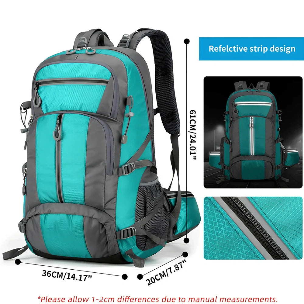 Black 50-litre fishing backpack with multiple compartments and adjustable shoulder straps