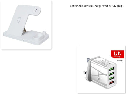 4-in-1 wireless charging station with adjustable magnetic stand charging phone, watch, AirPods, and Apple Pencil