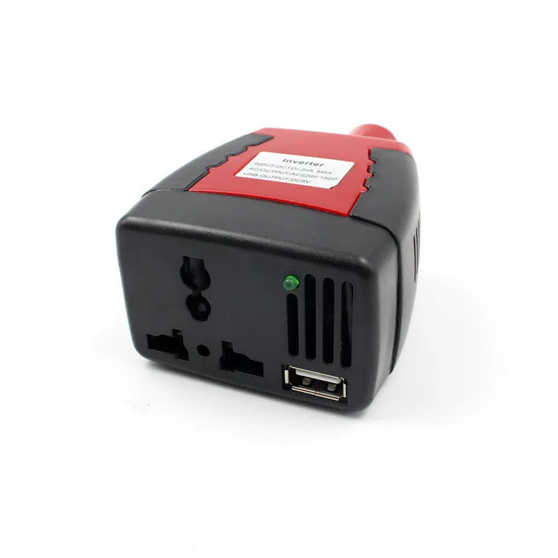 Black and red 150W car power inverter converting 12V DC to 110V AC with USB port