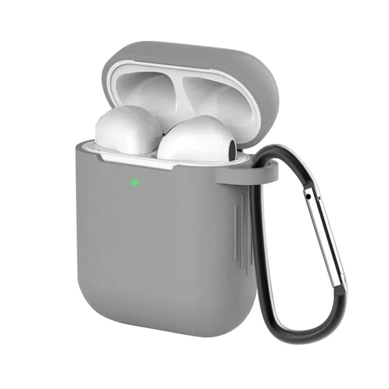 Liquid silicone protective clamshell case for Apple AirPods, shown in multiple colours on a white background.