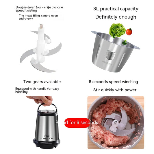 Stainless steel electric meat grinder with 2-litre capacity and 188mm by 265mm dimensions