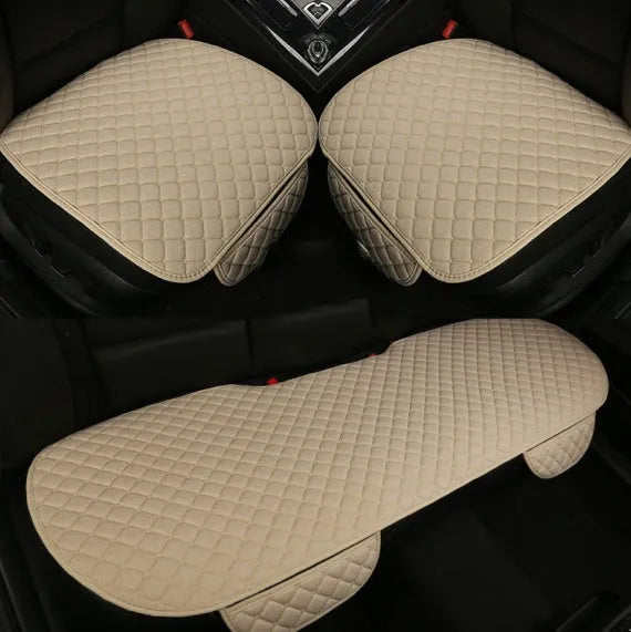 Flax linen car seat cover protector in beige, black, red and brown, with cushion and five-seat style options.