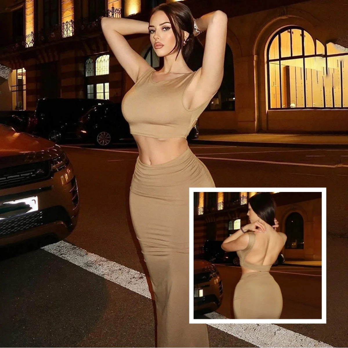 Stylish two-piece matching set with a chic tank top and flowing long skirt in a solid khaki color