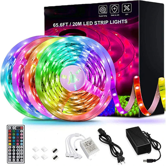 Customizable 65-ft RGB LED light strips in various home decor settings, including bedroom, living room, and TV backlighting