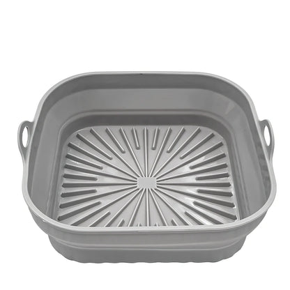 Square and round silicone air fryer liners with non-slip base in five colours including grey and pink