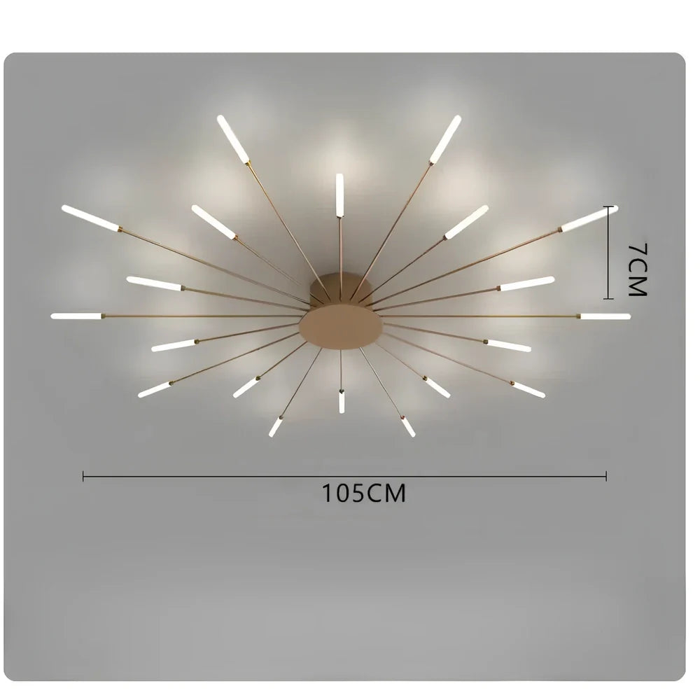 Ceiling room light with decorative iron framework and multiple bulb heads in gold or sand black finish