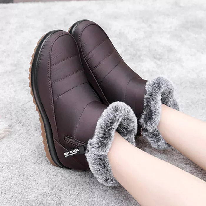 Women's winter snow boots with side zipper and fleece lining in black, dark brown, and red