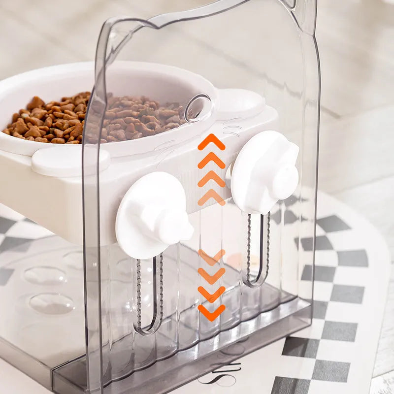 Cat feeding bowl with removable cat ears design for pet neck protection and spill prevention, adjustable height hanging cage with anti-spill barrier, available in grey or pink with dimensions of 20cm x 17cm x 24cm