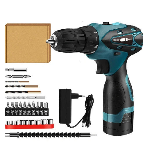 16.8V lithium electric drill with pistol grip showing variable speed trigger and chuck mechanism
