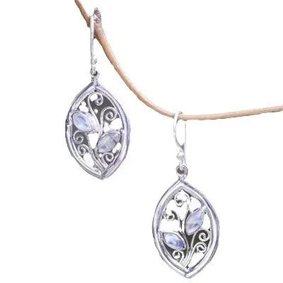 Silver leaf-shaped earrings with a central colourful moonstone on a white background.