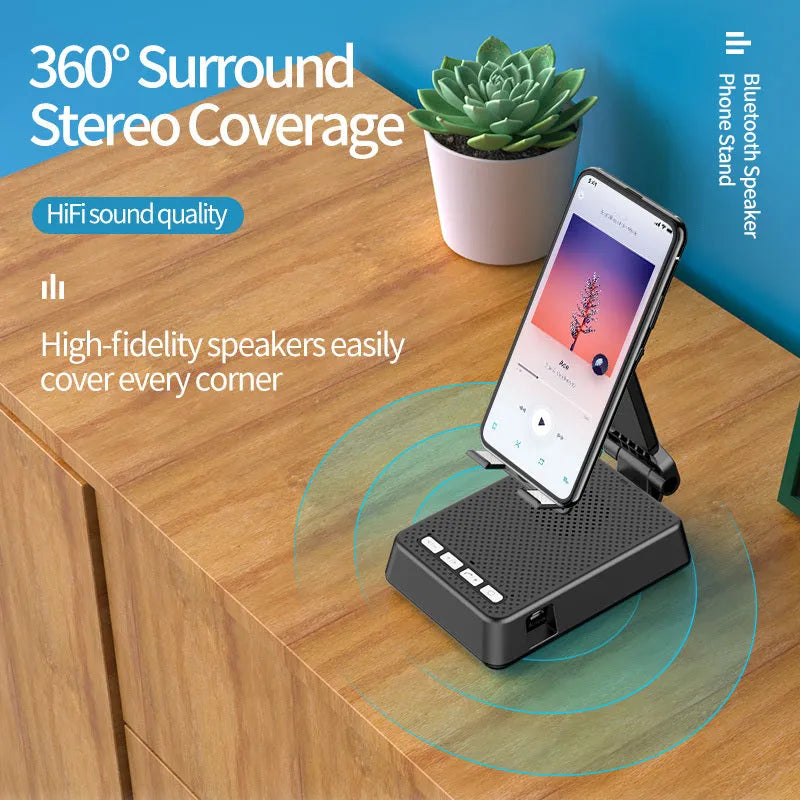 Black mobile phone broadcasting stand with Bluetooth speaker and HD microphone on desk