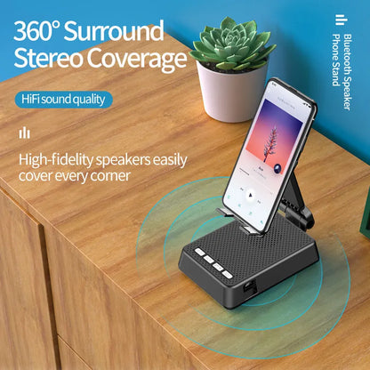Black mobile phone broadcasting stand with Bluetooth speaker and HD microphone on desk