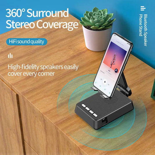 Black mobile phone broadcasting stand with Bluetooth speaker and HD microphone on desk