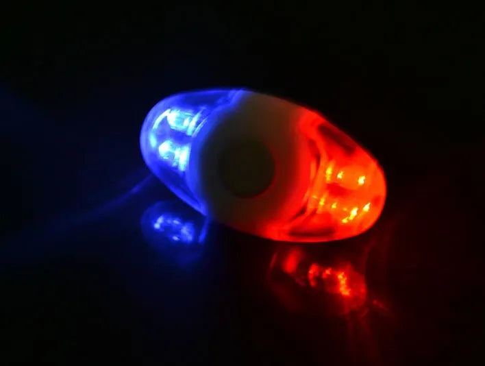 Bicycle tail light with 4 LED high brightness red and blue lamp beads, uses two 2032 button batteries, features three flash modes and adjustable base for horizontal or vertical mounting on cycle equipment